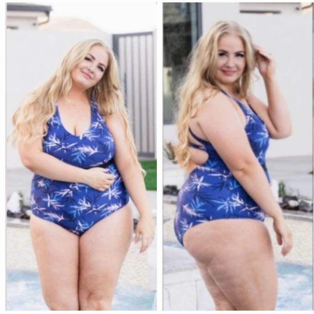 NWT Blue Palm Print Full Coverage One Piece